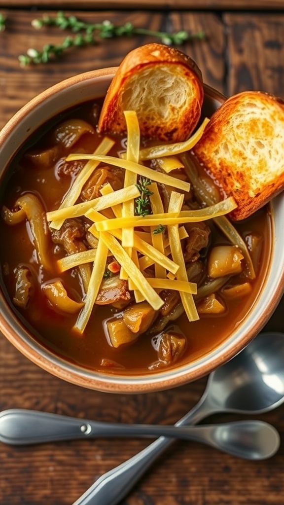 A bowl of French onion soup with melted cheese and toasted bread on a wooden table.